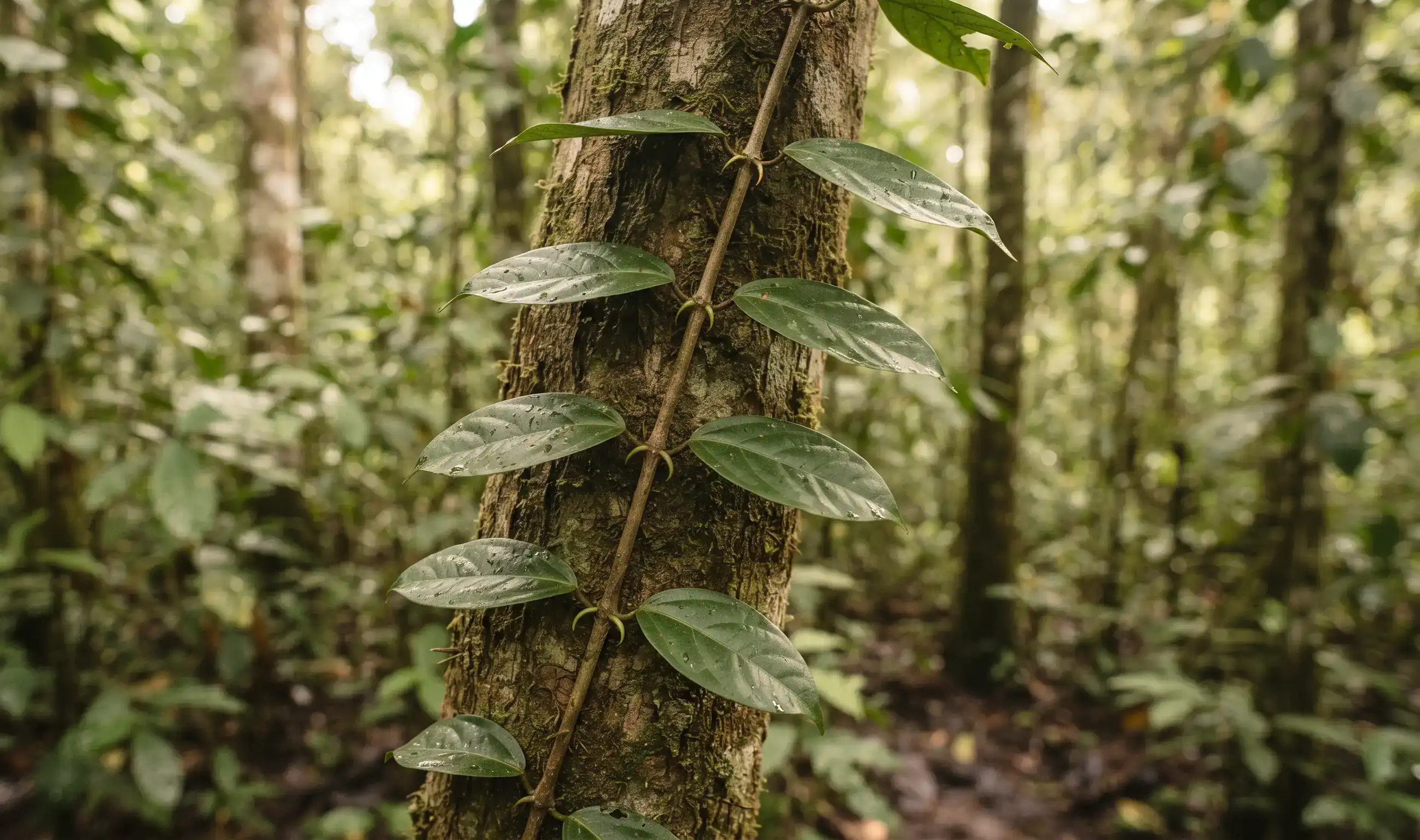 Vilcacora (Uncaria tomentosa) — pnącze na pniu drzewa w peruwiańskim lesie deszczowym